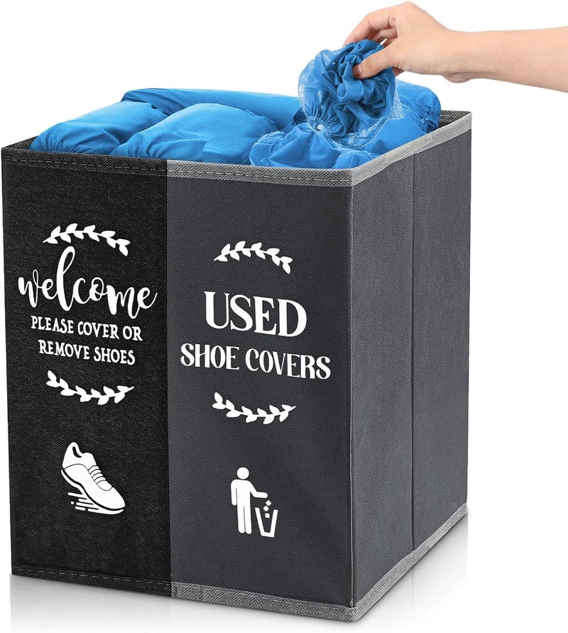 Singhoow Shoe Cover Box Dispenser Foldable Storage Bin Holder with Used Shoe Covers and Welcome Please or Remove Sign for Open House Supplies (Black, Gray) - Image 1